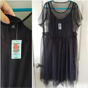 Black dress body con dress with mess overlay